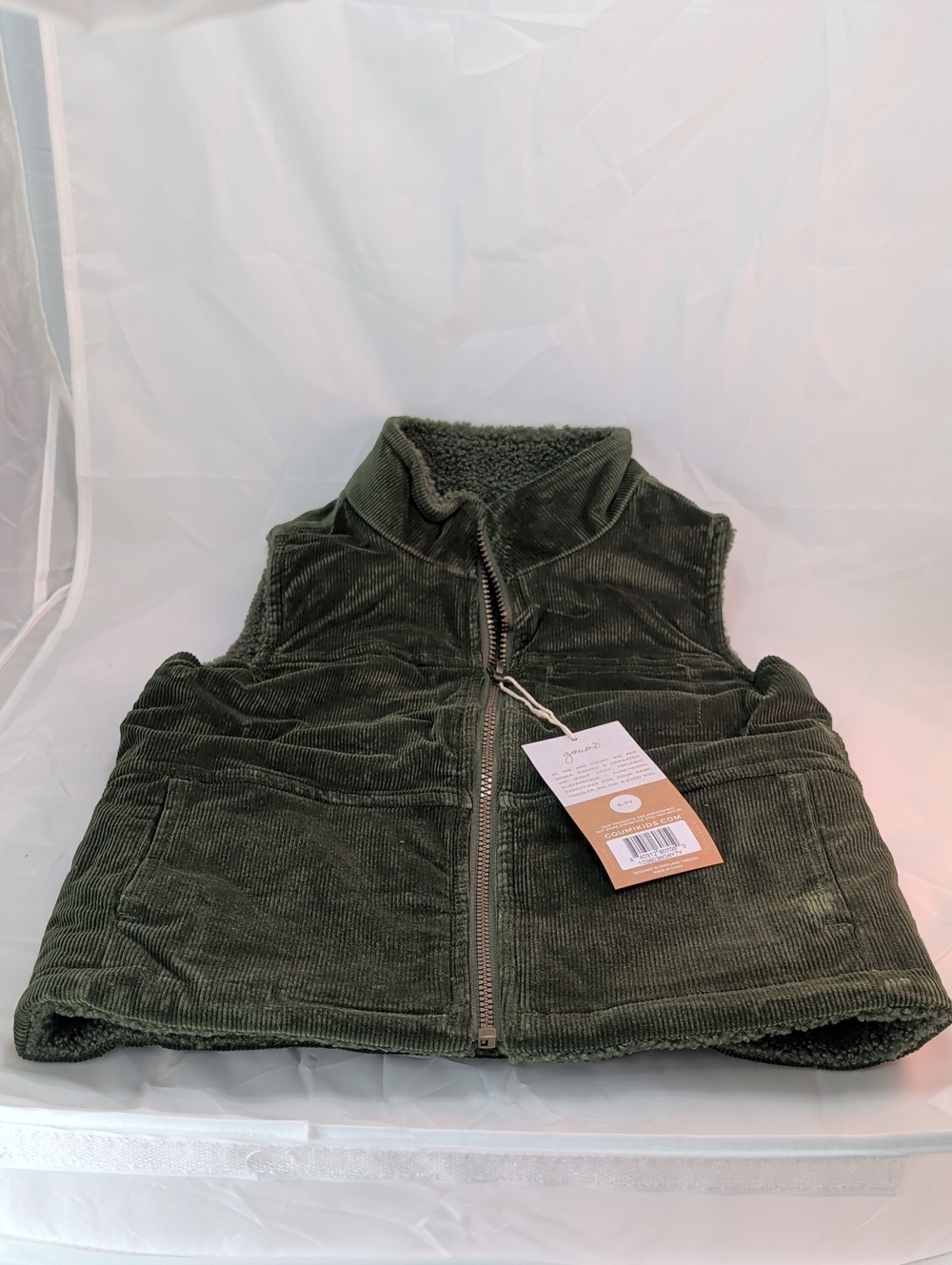 Goumikids 6-7 Y Kids Corduroy Sherpa-Lined Vest - Olive Green NWT